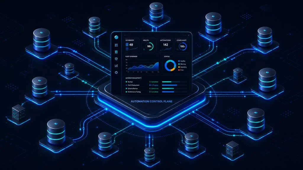 Automated database scaling architecture showing ScyllaDB clusters managed through a control plane