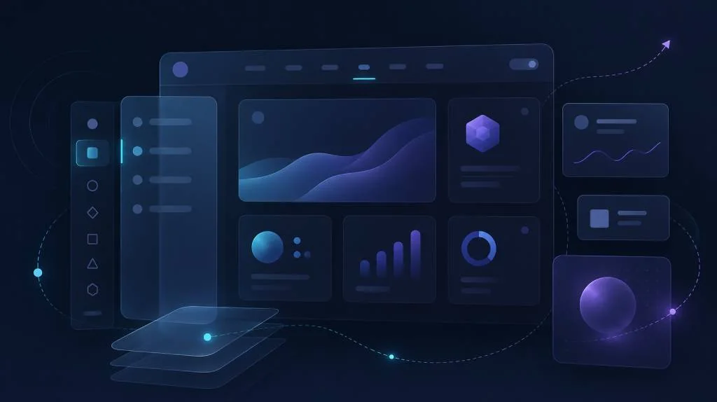 UI UX design trends showing a calm dark interface with whitespace, soft transparent panels, and subtle motion cues