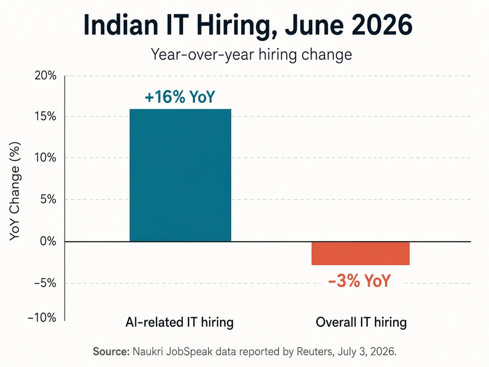 Indian IT hiring chart for June 2026 showing AI-related IT hiring up 16% year over year and overall IT hiring down 3% year over year.